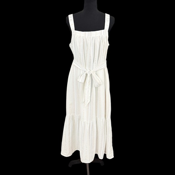 INC International Concepts Dresses & Skirts - INC Tiered Belted Midi Sun Dress 12 White Striped Boho Beach Summer Soft Girl